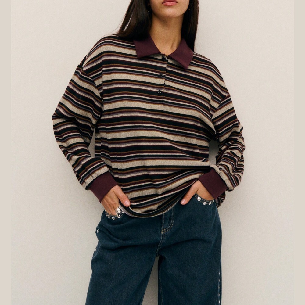 Brown Striped Polo Collar Long Sleeve Top
